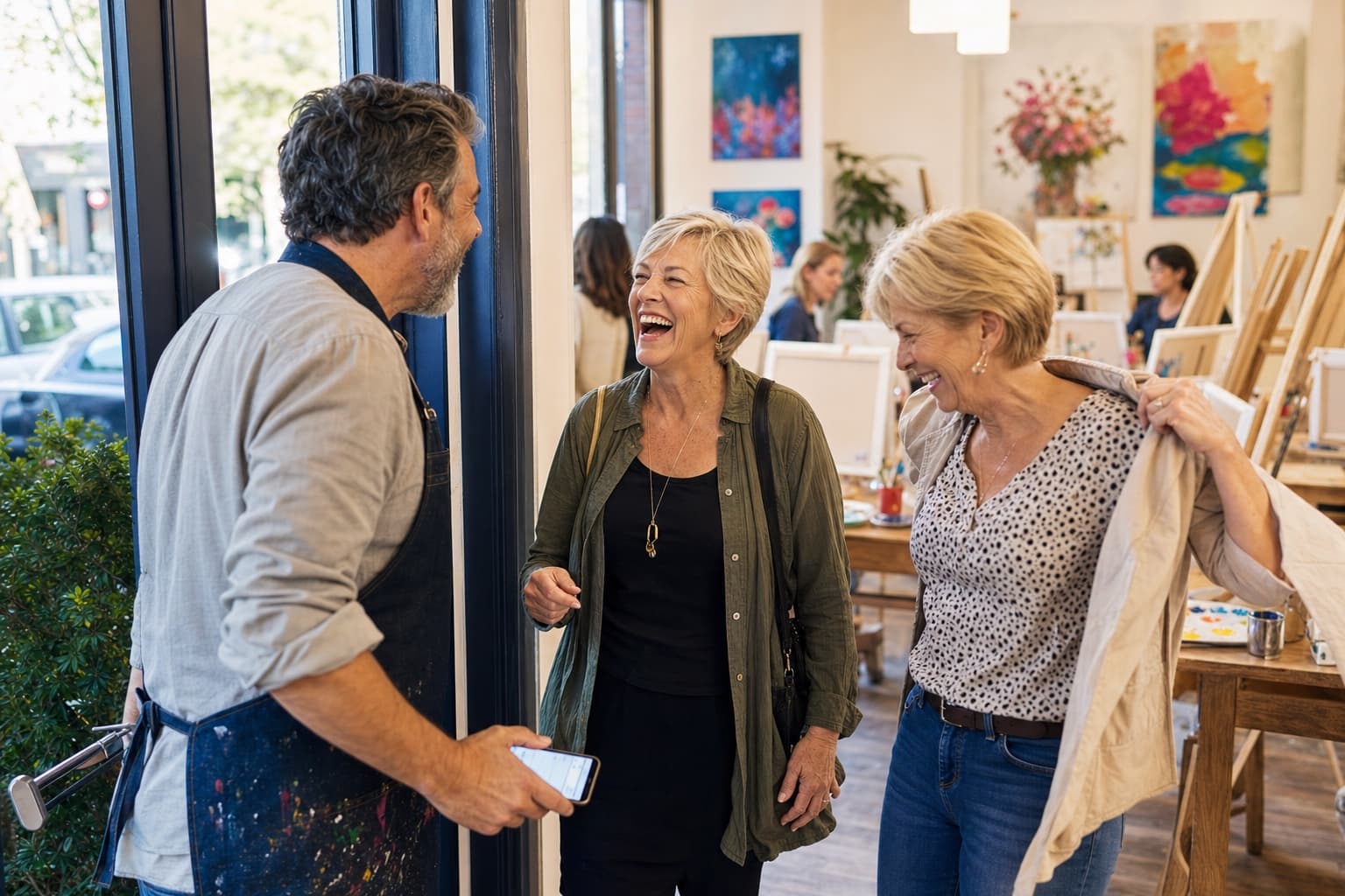 A studio owner welcoming guests as class night begins