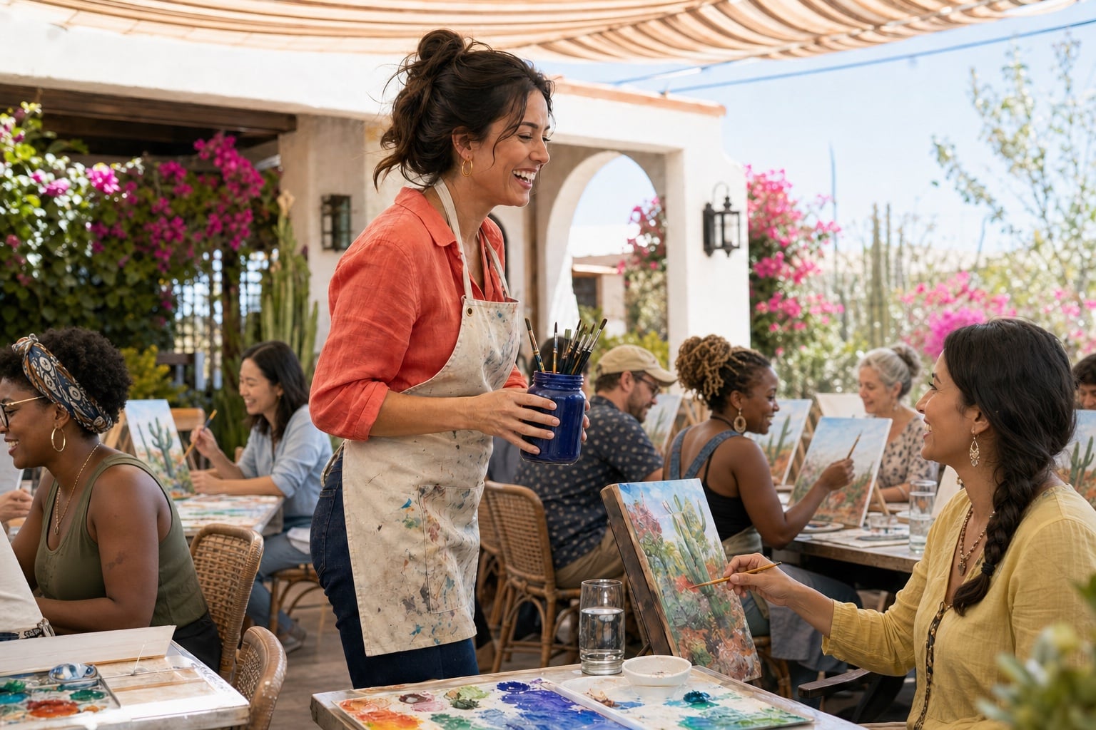 A diverse group enjoying a sunny paint-and-sip class on a Scottsdale patio